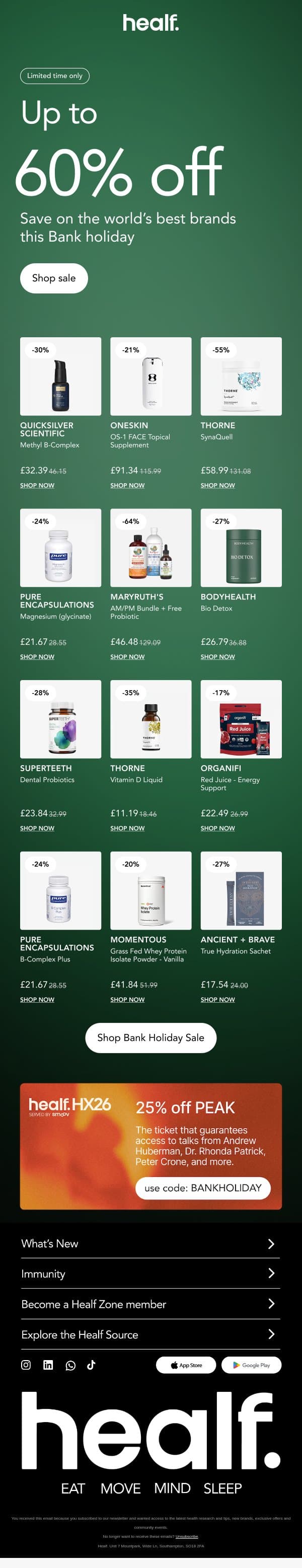 Save up to 60% in our Bank Holiday Sale email from Healf screenshot