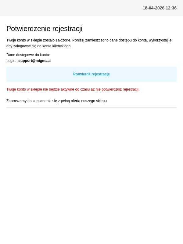 Twoje konto w sklepie zostało założone. email from Hean screenshot