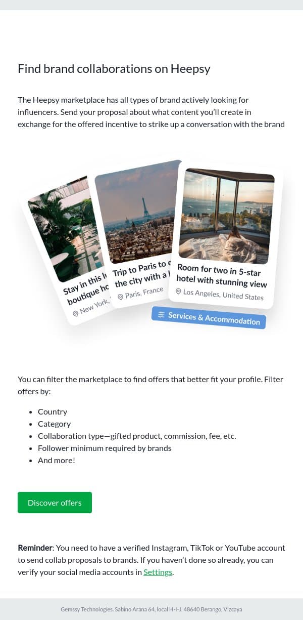Close collaborations with brands on Heepsy email from Heepsy screenshot