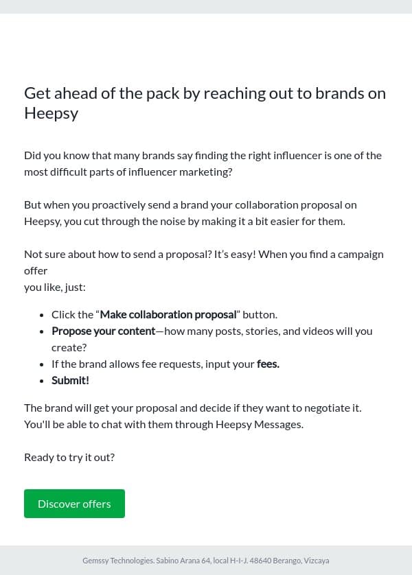 Get ahead of the pack by reaching out to brands on Heepsy email from Heepsy screenshot