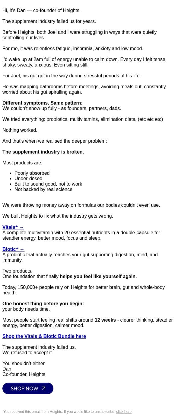 The supplement industry failed me email from Heights screenshot