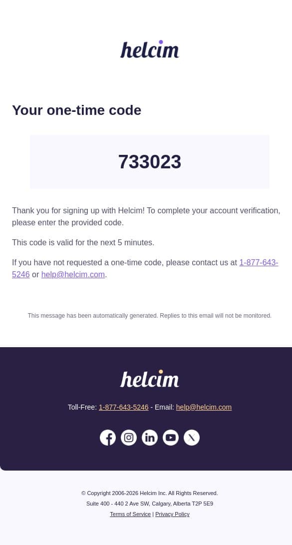 Verify Your Account - Your One-Time Code email from Helcim screenshot