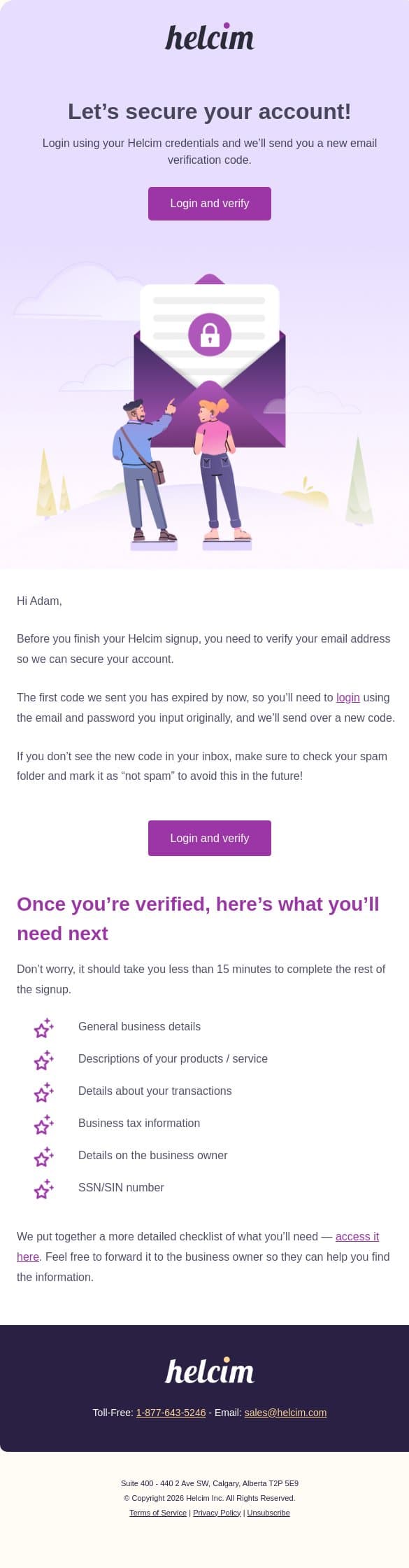 Don’t forget to verify your email! email from Helcim screenshot