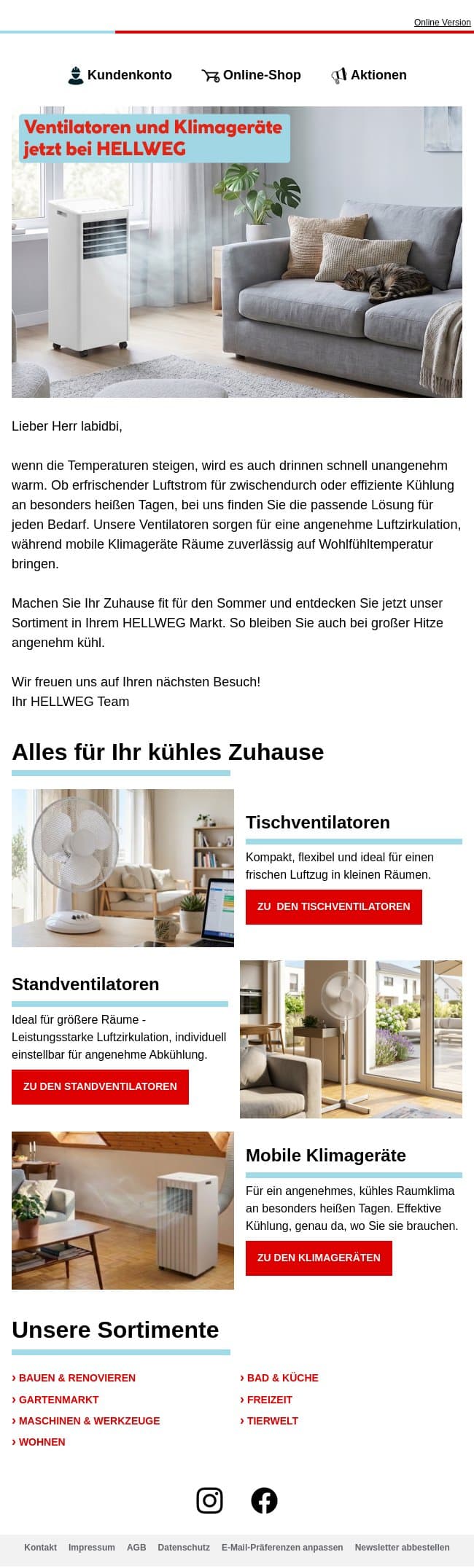 Heiße Tage? Jetzt für angenehme Abkühlung sorgen. email from Hellweg screenshot