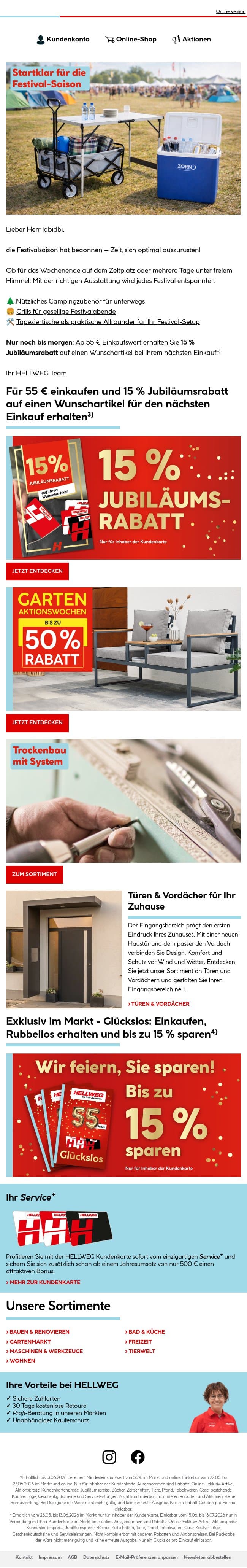 Festival-Saison: Jetzt bestens ausgerüstet 🏕️ email from Hellweg screenshot