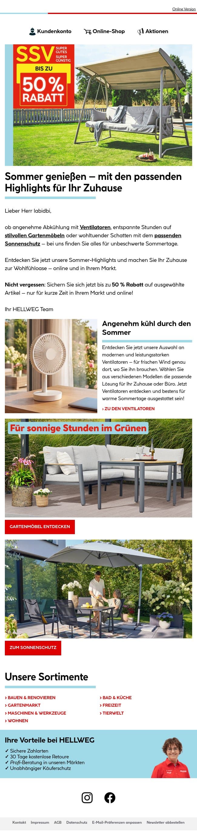 Sommer-Highlights & 50 % auf ausgewählte Artikel ❗ email from Hellweg screenshot