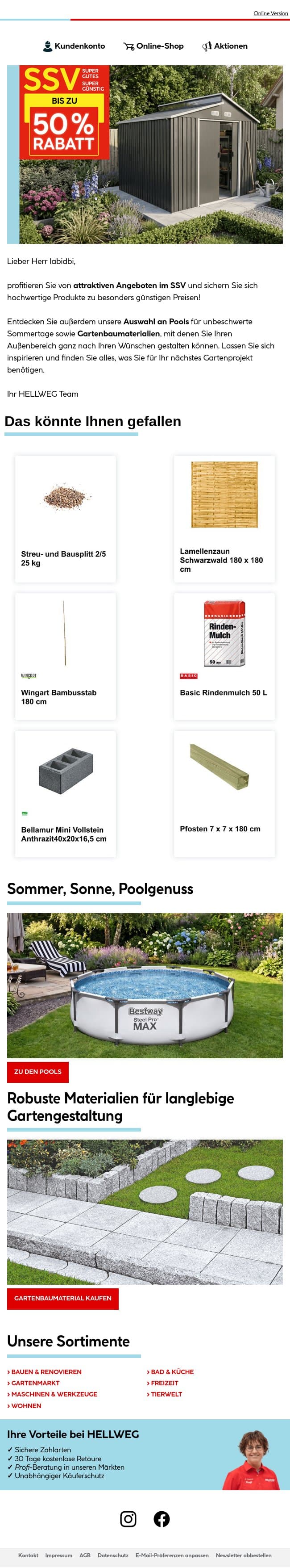 SSV-Angebote, Pools & Gartenideen ☀️ email from Hellweg screenshot