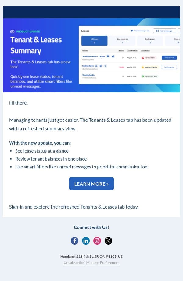 The Tenants & Leases Tab Has a New Look 🚀 email from Hemlane screenshot