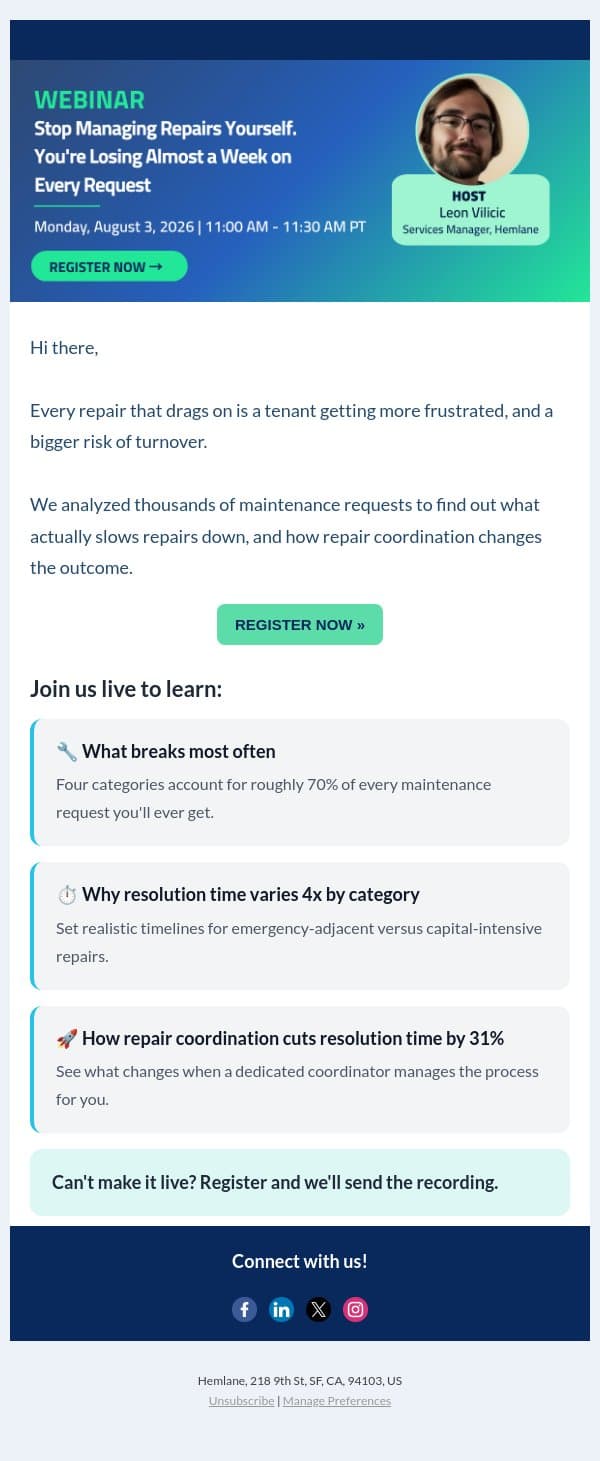 [LIVE WEBINAR] What's really slowing down your repairs? 🔧 email from Hemlane screenshot