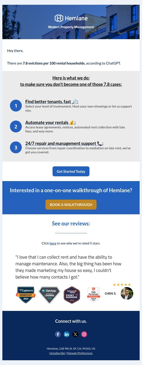 Hey there, having issues with your rental? 😰 email from Hemlane screenshot