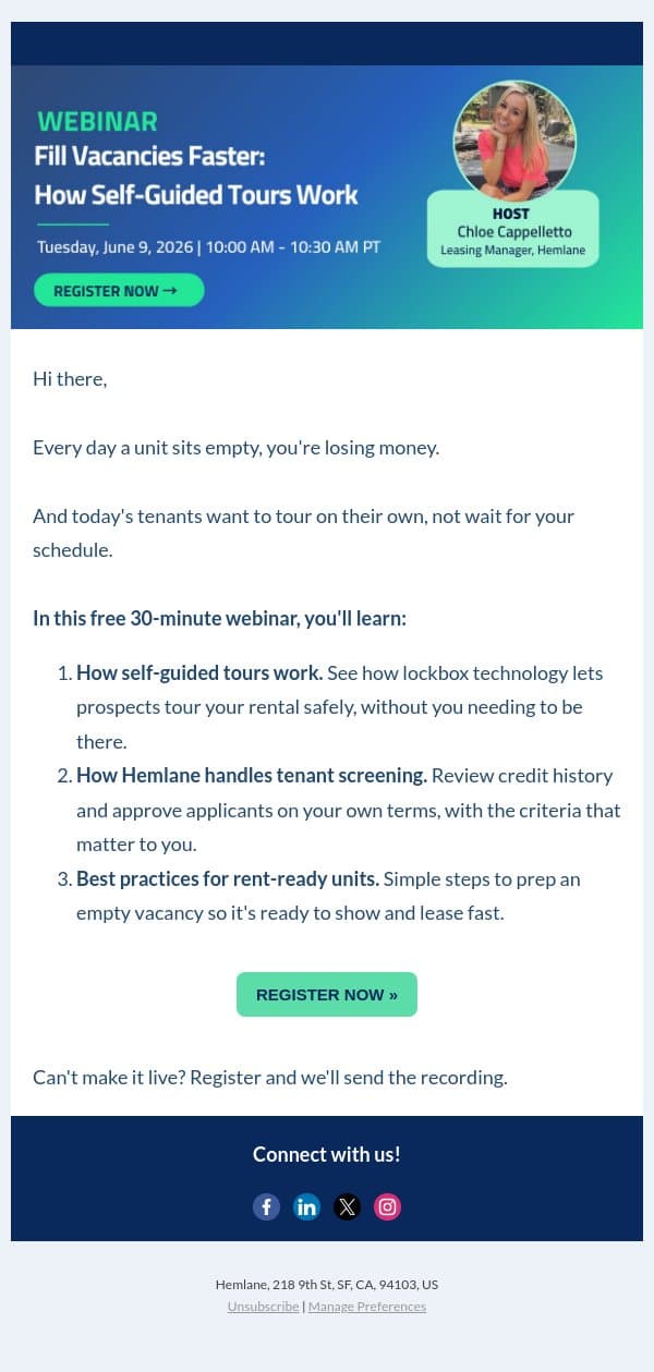 Fill Vacancies Faster with Self-Guided Tours ⏰ email from Hemlane screenshot