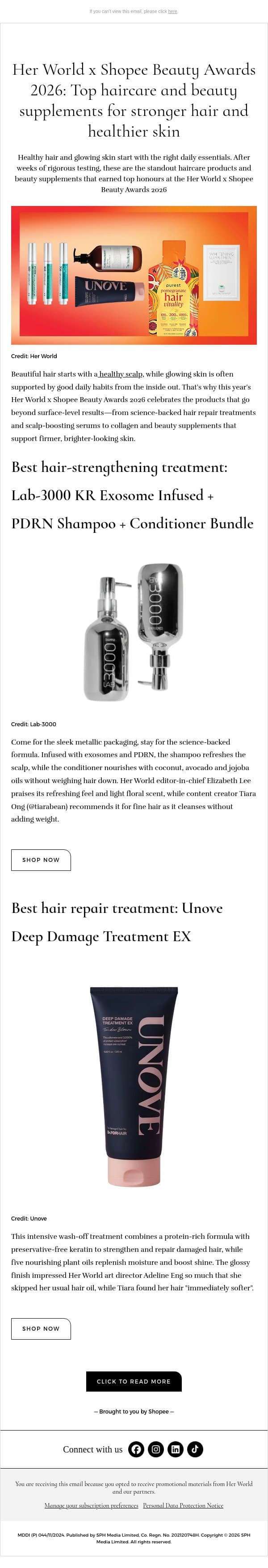 [ADV] Her World x Shopee Beauty Awards 2026: Top haircare and beauty supplements for stronger hair and healthier skin email from H.E.R. screenshot