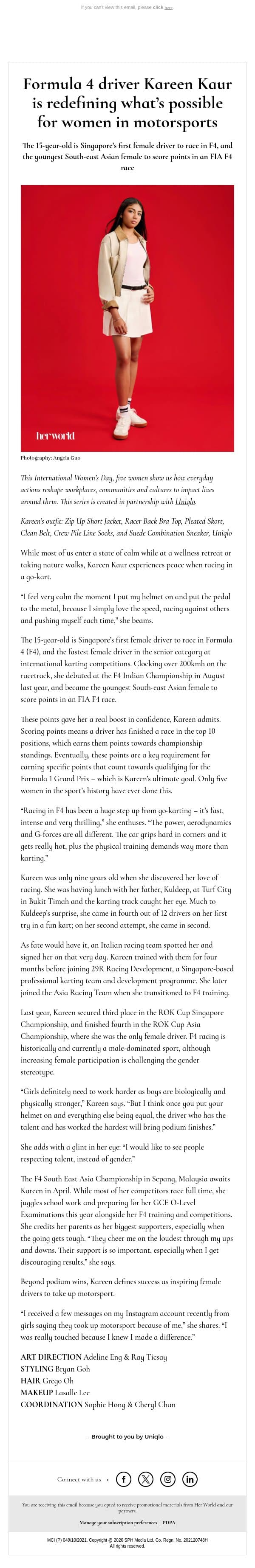 [ADV] Formula 4 driver Kareen Kaur is redefining what’s possible for women in motorsports email from H.E.R. screenshot