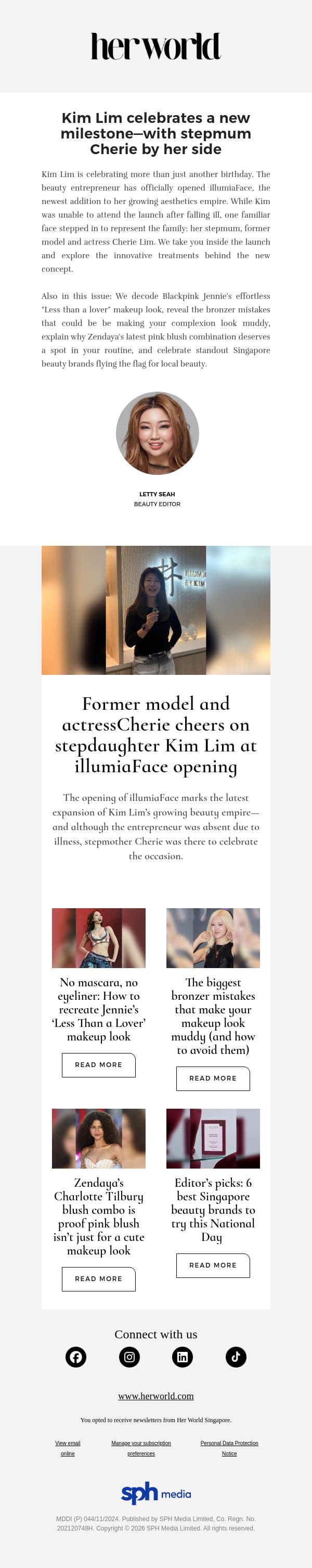 Former model and actress Cherie cheers on stepdaughter Kim Lim at illumiaFace opening email from H.E.R. screenshot