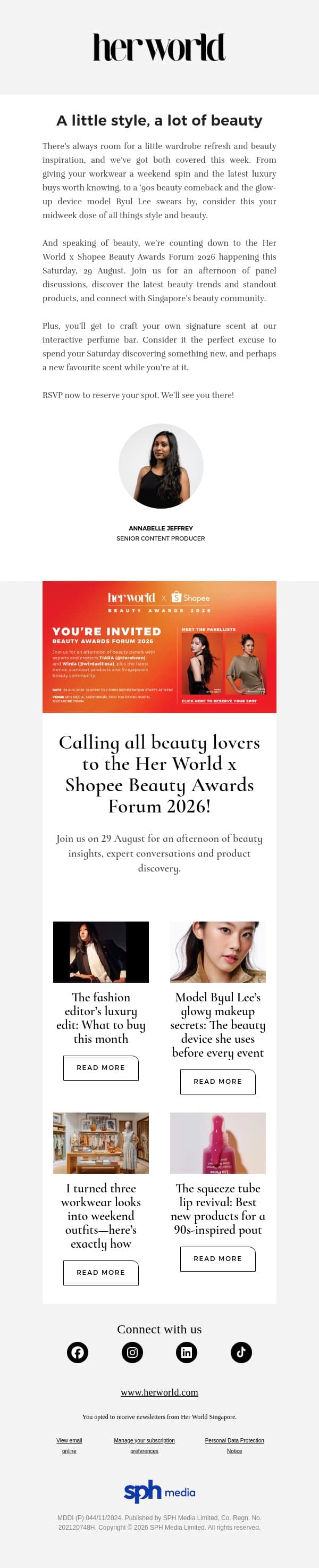 You’re Invited! Join us at the Her World x Shopee Beauty Awards Forum this weekend email from H.E.R. screenshot