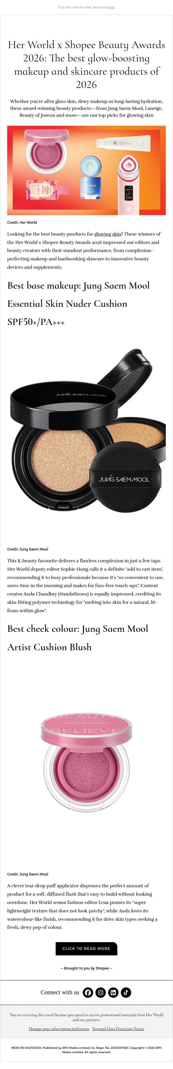 [ADV] Her World x Shopee Beauty Awards 2026: The best glow-boosting makeup and skincare products of 2026 email from H.E.R. screenshot