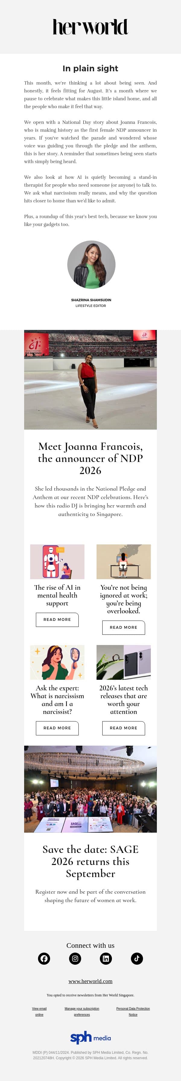 Meet Joanna Francois, the announcer of NDP 2026 email from H.E.R. screenshot