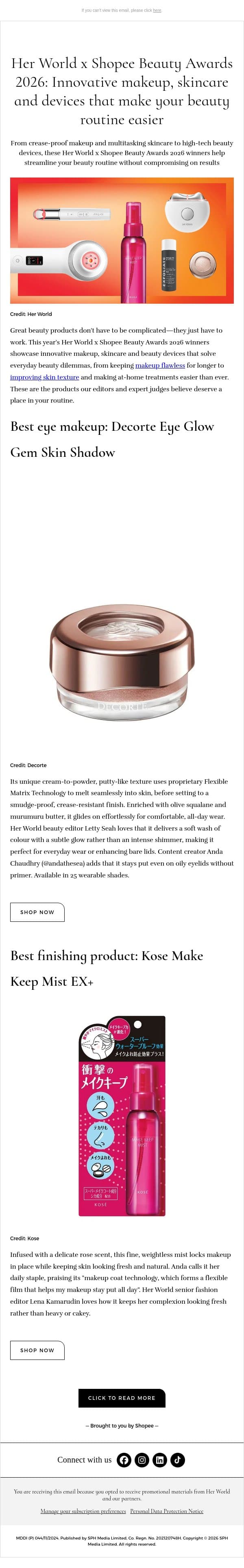 [ADV] Her World x Shopee Beauty Awards 2026: Innovative makeup, skincare and devices that make your beauty routine easier email from H.E.R. screenshot