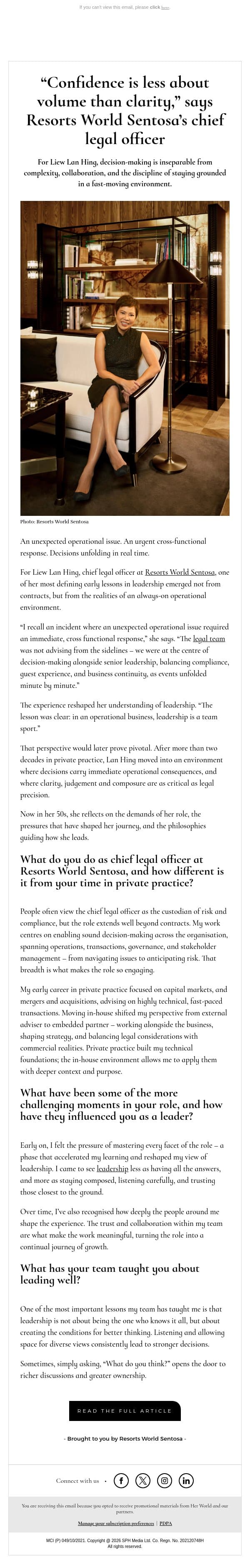 [ADV] “Confidence is less about volume than clarity,” says Resorts World Sentosa’s chief legal officer email from H.E.R. screenshot