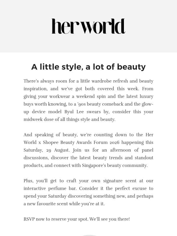 You’re Invited! Join us at the Her World x Shopee Beauty Awards Forum this weekend email from H.E.R.