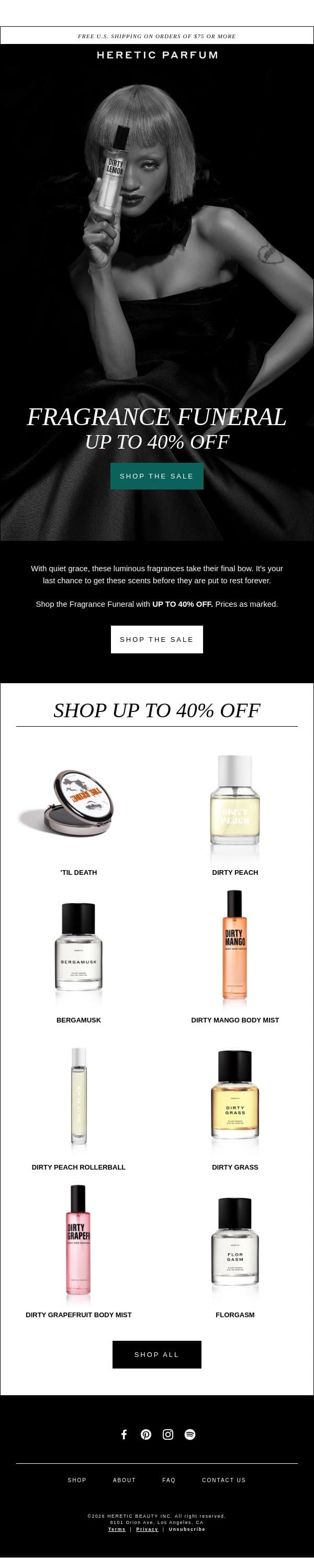 UP TO 40% OFF: Fragrance Funeral email from Heretic screenshot