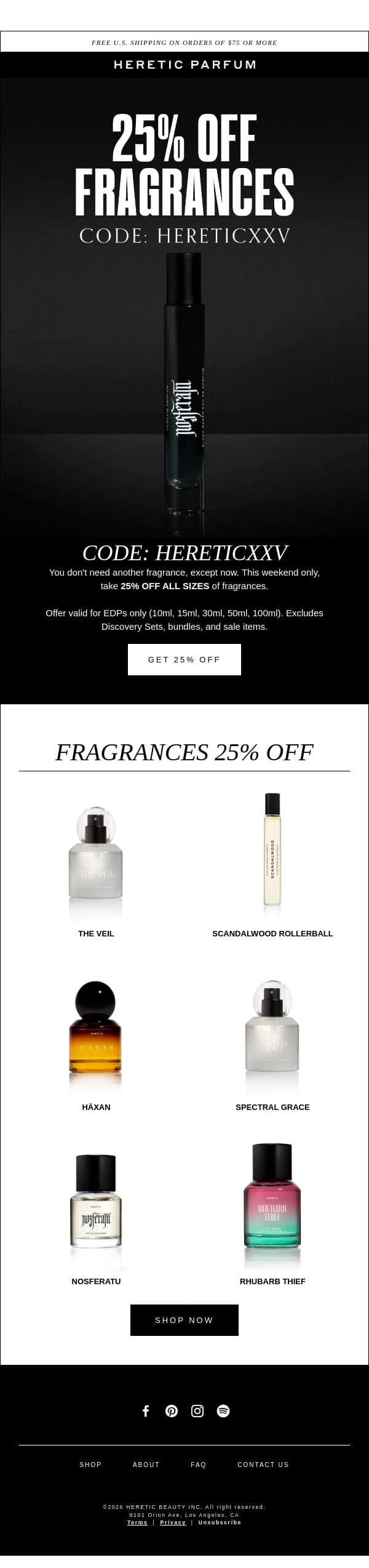 25% OFF FRAGRANCES email from Heretic screenshot
