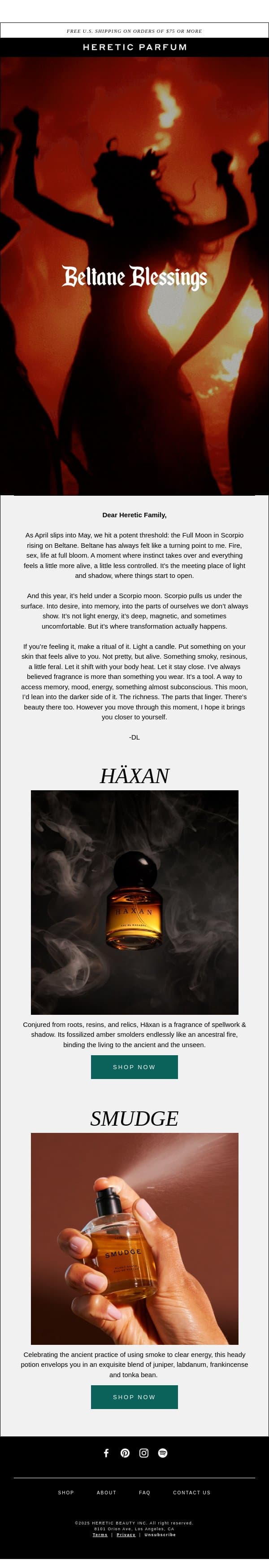 BELTANE BLESSINGS email from Heretic screenshot