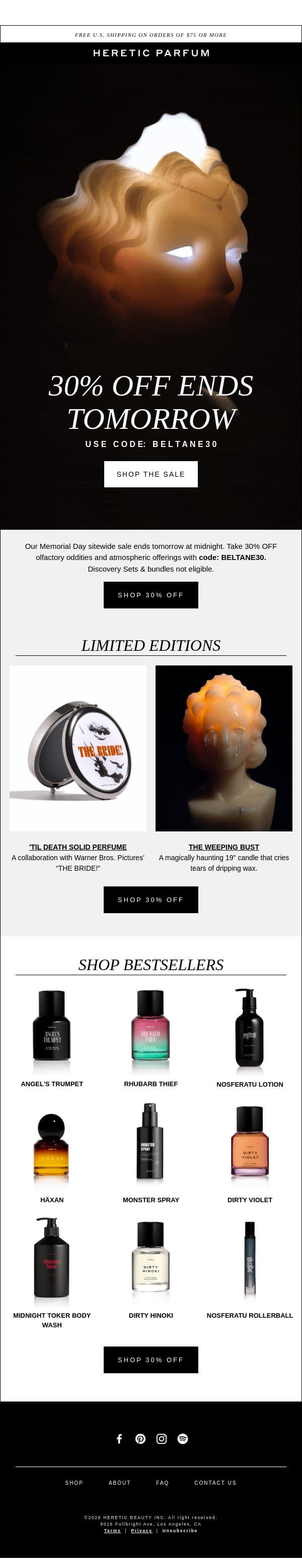 LAST CALL! 30% off ends tomorrow. email from Heretic screenshot