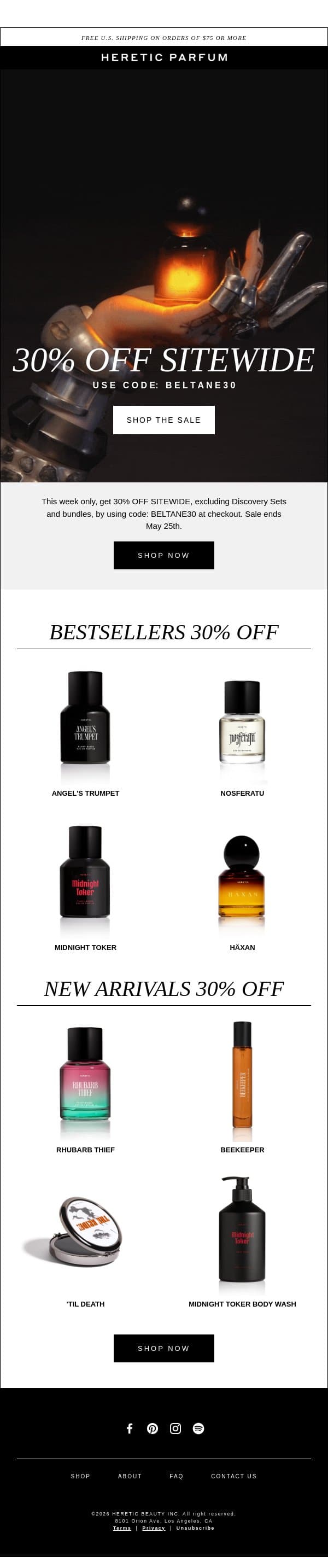 30% OFF SITEWIDE email from Heretic screenshot