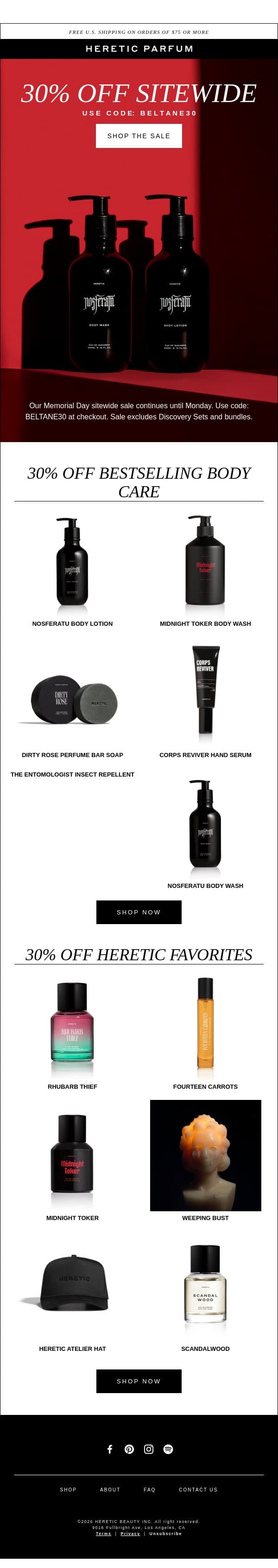 30% OFF BODY CARE BESTSELLERS email from Heretic screenshot