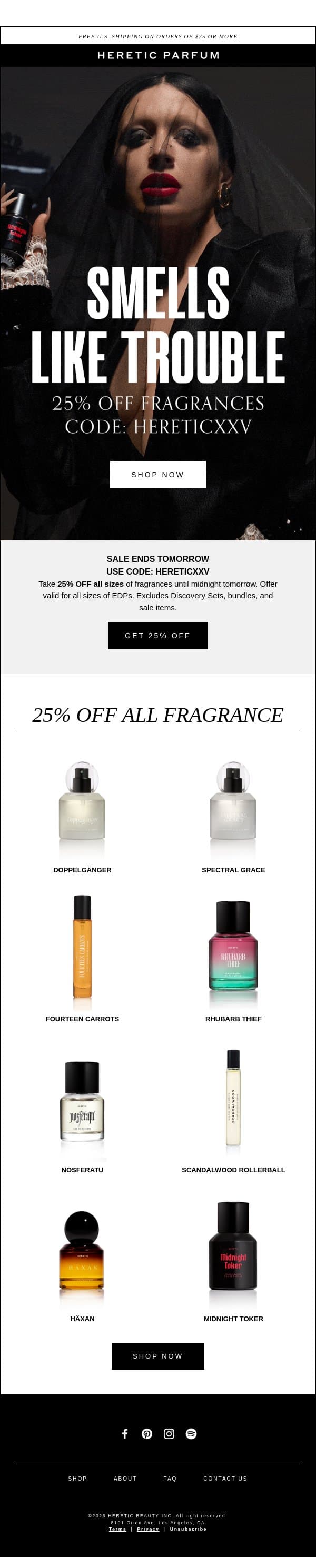 25% OFF ENDS TOMORROW email from Heretic screenshot