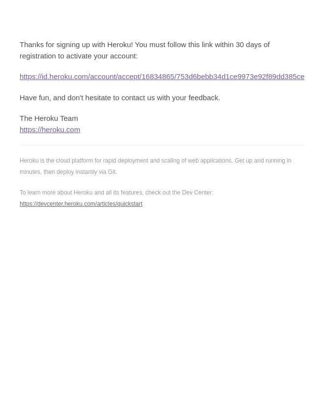 Confirm your account on Heroku email from Heroku screenshot