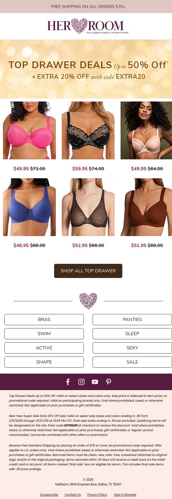 Top Drawer Deals Up to 50% Off + EXTRA 20% Off with code EXTRA20 email from HerRoom screenshot