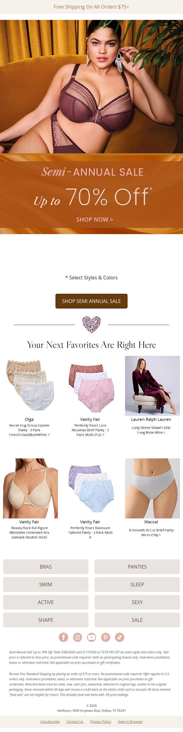 Semi-Annual Savings Up to 70% Off email from HerRoom screenshot