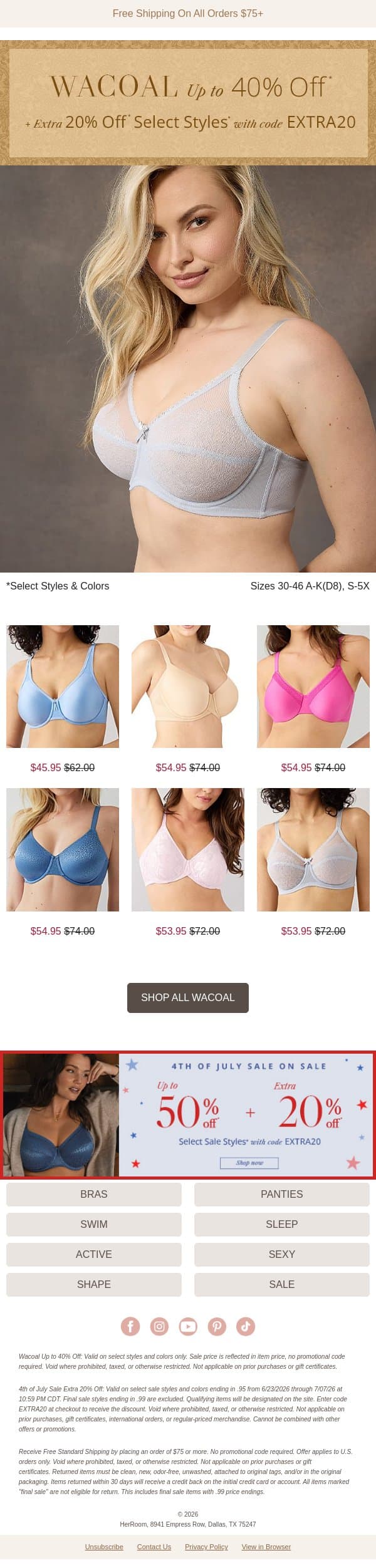 Don't Miss Extra Savings on Select Wacoal email from HerRoom screenshot