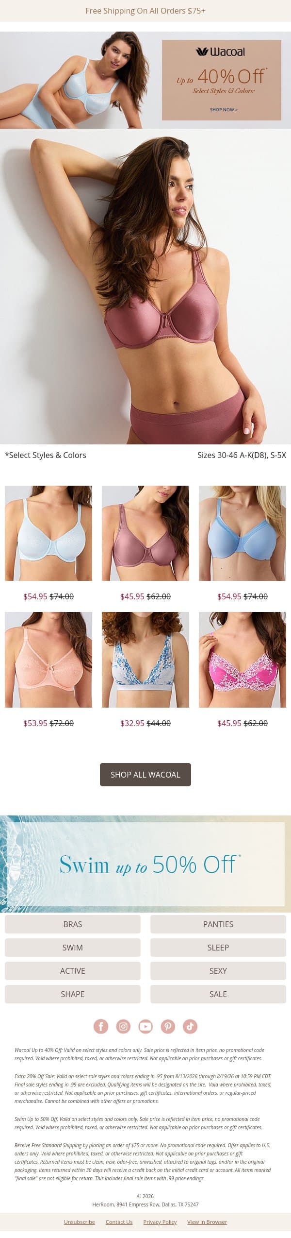 Wacoal Favorites: Up to 40% + Extra 20% Off email from HerRoom screenshot