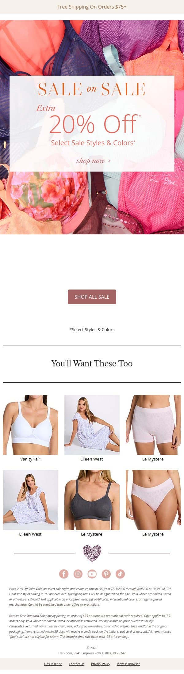 Extra 20% Off Sale-on-Sale Savings! email from HerRoom screenshot