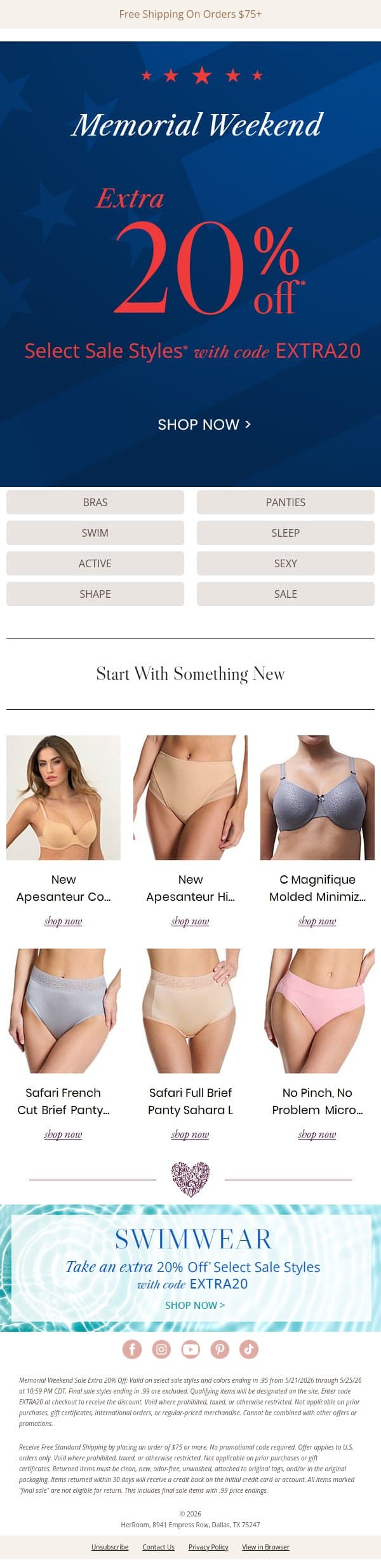 Still Time for Extra 20% Off with Code EXTRA20 email from HerRoom screenshot