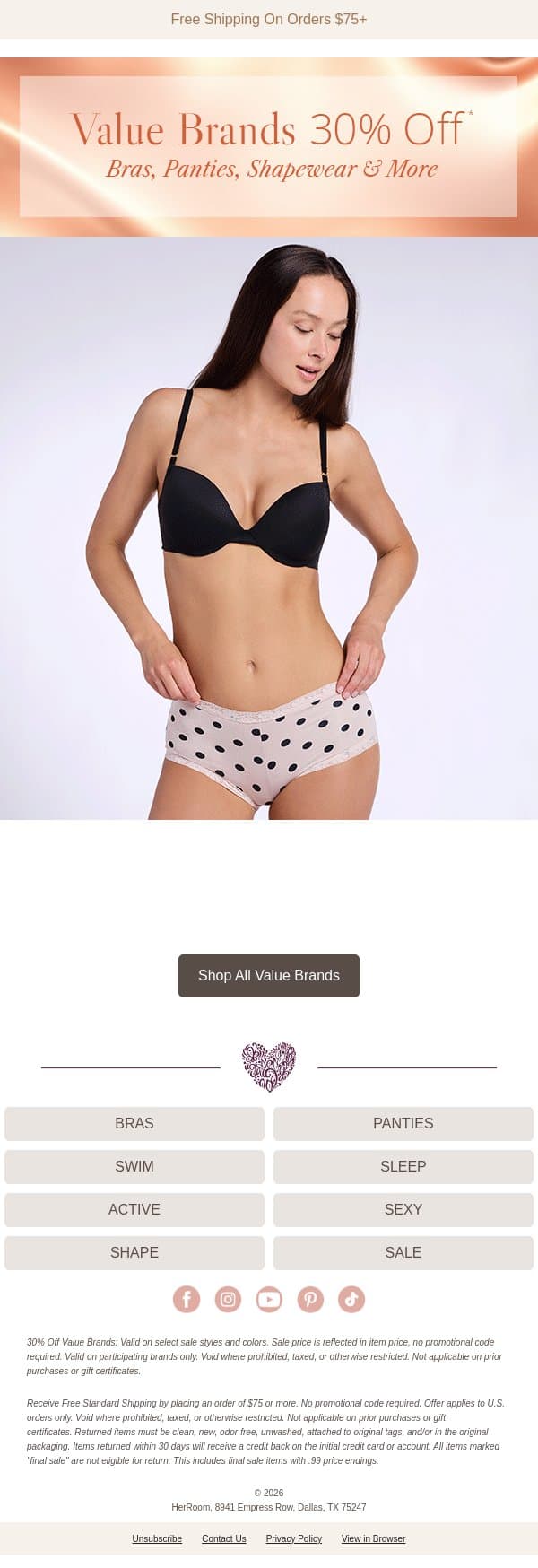 Save 30% on Bali, Vanity Fair & More email from HerRoom screenshot
