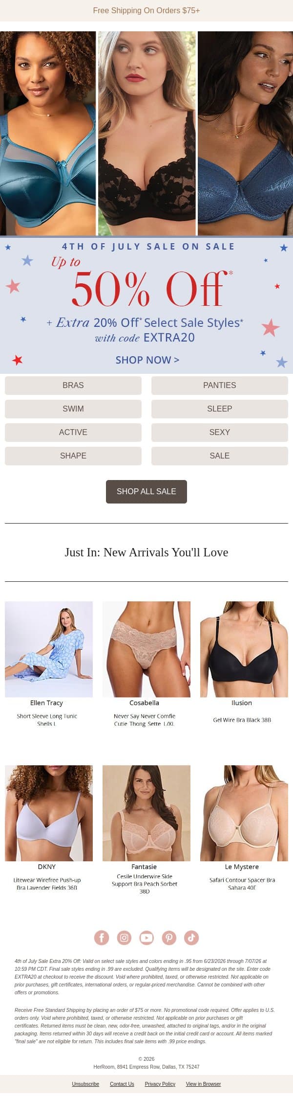 Celebrate & Save: Extra 20% Off Select Sale Items with Code EXTRA20 email from HerRoom screenshot