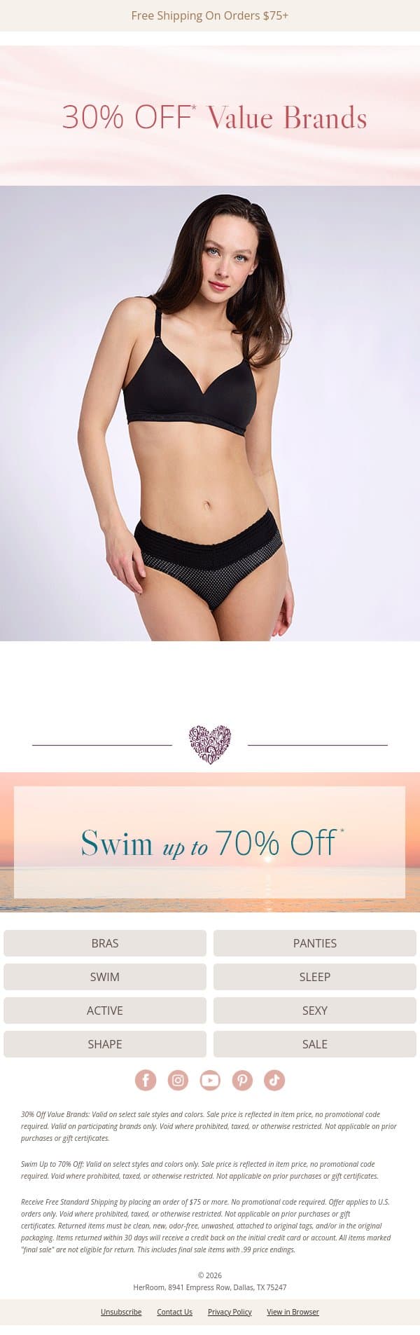30% Off Vanity Fair, Bali, Hanes & More email from HerRoom screenshot