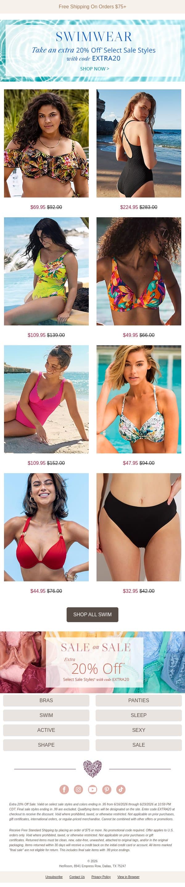 Suit Yourself—Extra 20% Off Select Swim email from HerRoom screenshot