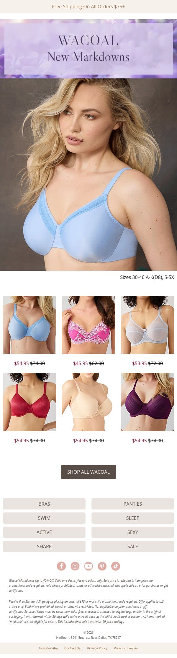 Just Marked Down: Wacoal Styles You'll Love email from HerRoom screenshot