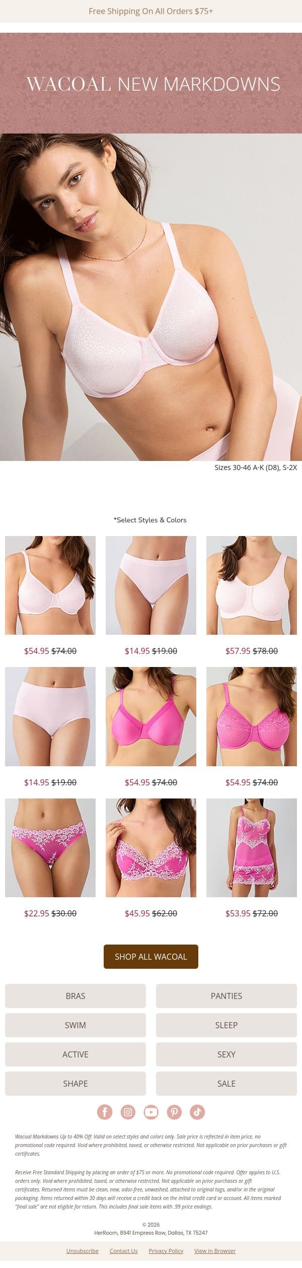 New Markdowns: Wacoal Styles You’ll Love email from HerRoom screenshot