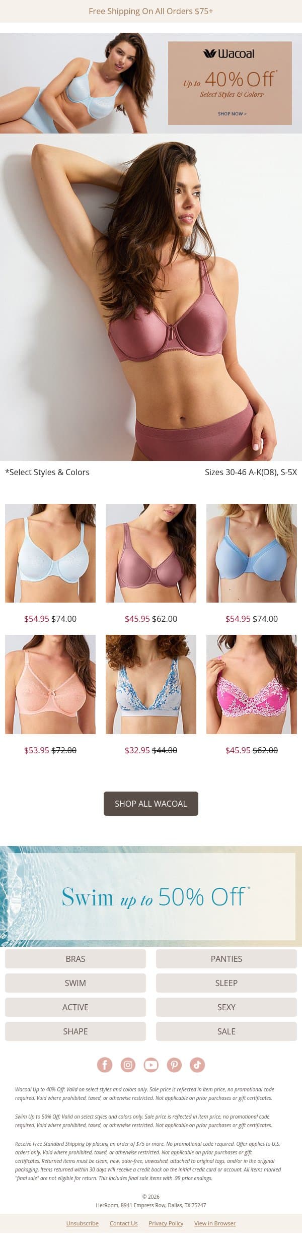 Wacoal Styles You Love, Up to 40% Off email from HerRoom screenshot