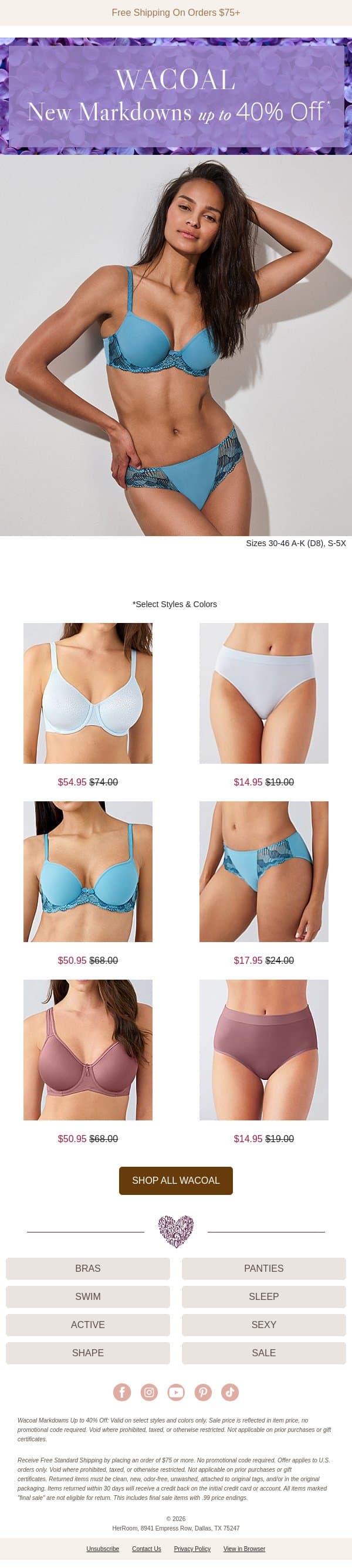 New Wacoal Markdowns Are Here 💜 email from HerRoom screenshot