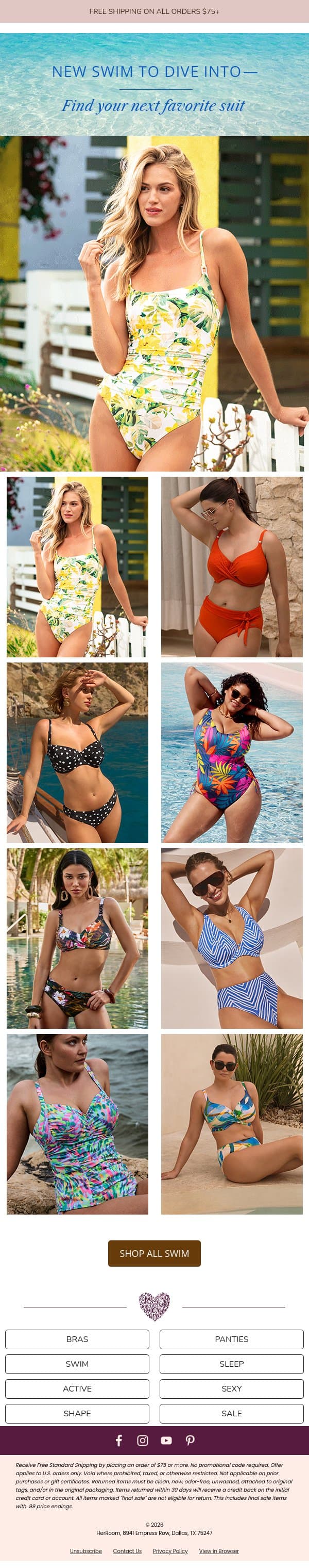 Find Your Perfect Fit—New Swim Is Here email from HerRoom screenshot