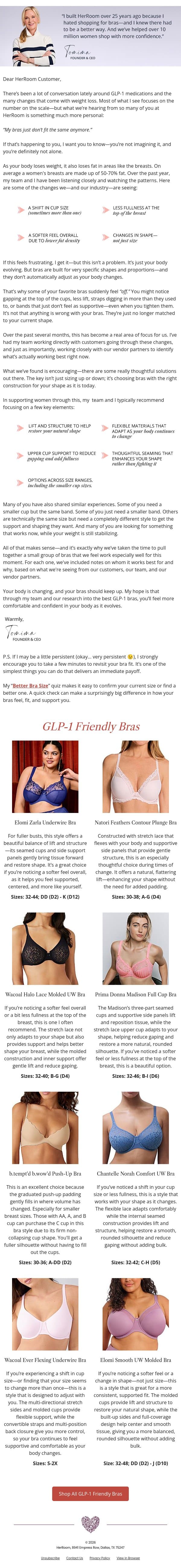 GLP-1 Friendly Bra Styles email from HerRoom screenshot