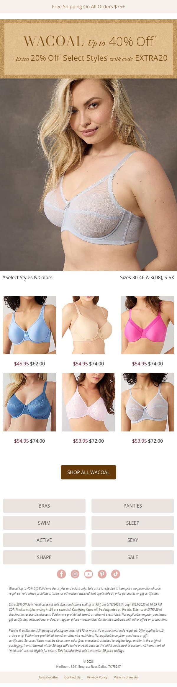 Wacoal Up to 40% Off + Extra 20% Off 💖 email from HerRoom screenshot