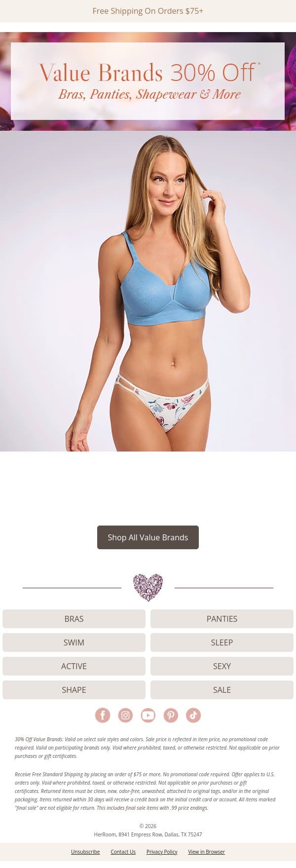 30% Off Bali, Vanity Fair, Warner’s & More email from HerRoom screenshot